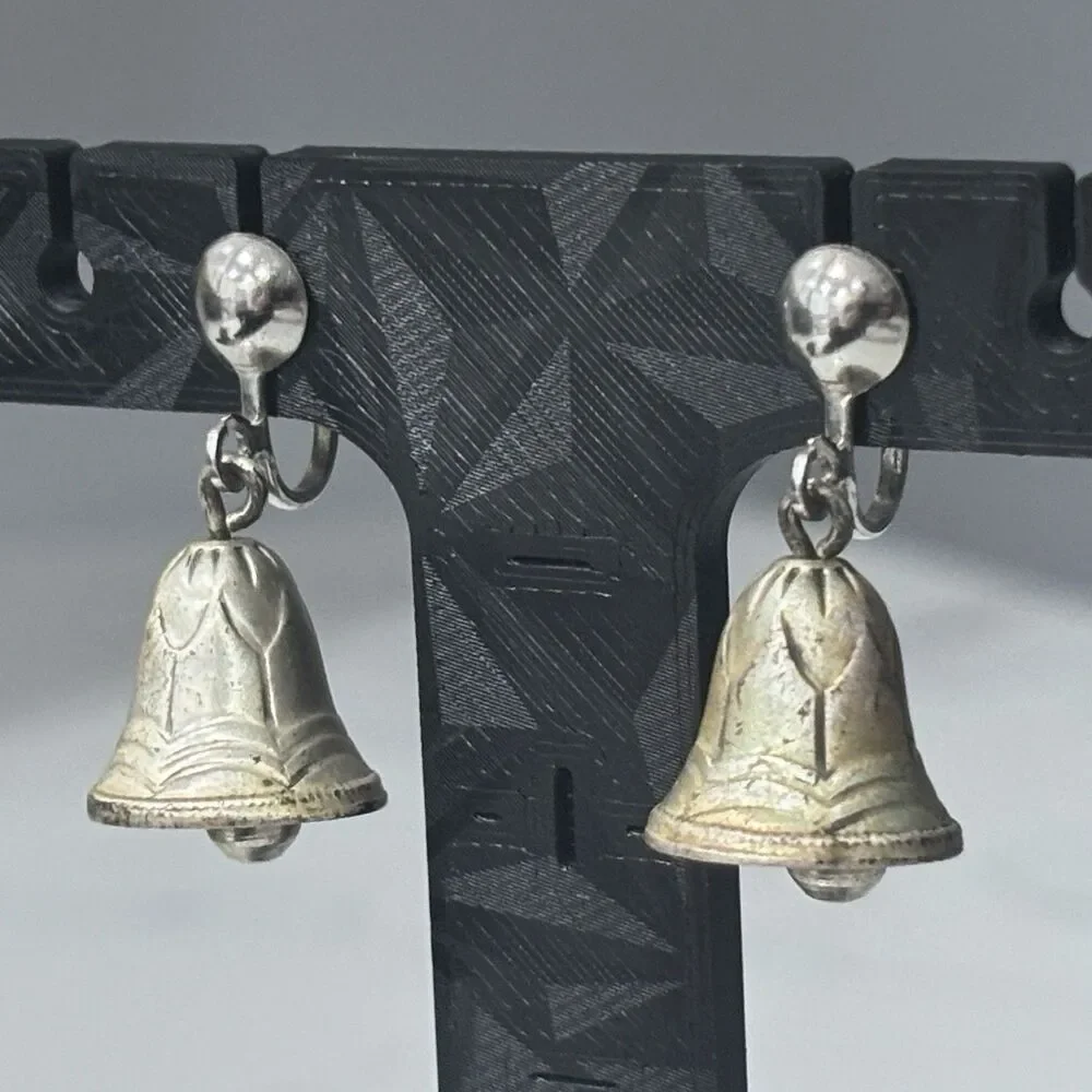 Vintage Sterling Silver Bell Earrings Dangle Screw Back Non Pierced 925 Estate
